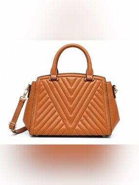 Quilted V-Panel Crossbody Satchel in Cognac